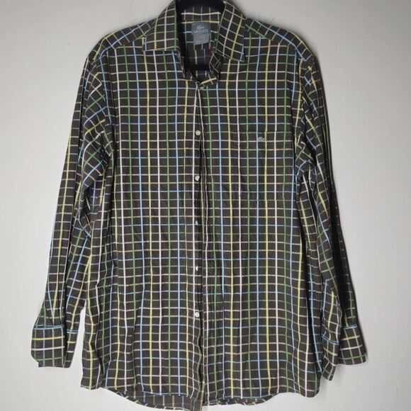 Lacoste Button Up Plaid Short Sleeve Shirt Large 42 Brown Golf Gorpcore - Picture 1 of 5